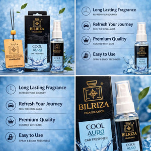 Bilriza Fragrance  Cool Aura  Car Freshener Perfume with Wooden Hanging Card | Long Lasting Car Perfume 60ml