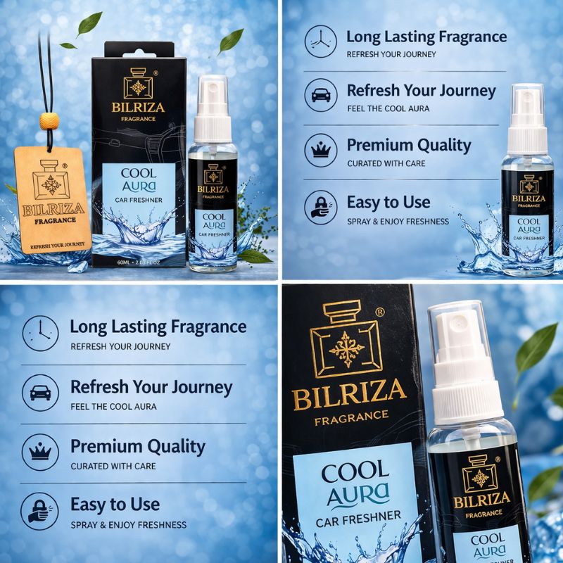 Bilriza Fragrance  Cool Aura  Car Freshener Perfume with Wooden Hanging Card | Long Lasting Car Perfume 60ml