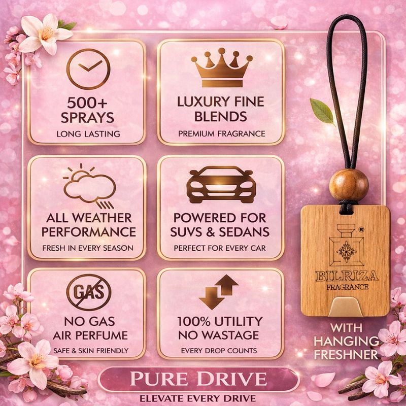 Bilriza Fragrance Pure Drive Car Freshener Perfume with Wooden Hanging Card | Long Lasting Car Perfume 60ml