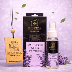 Bilriza Fragrance Patchouli Musk Car Freshener Perfume with Wooden Hanging Card | Long Lasting Car Perfume 60ml