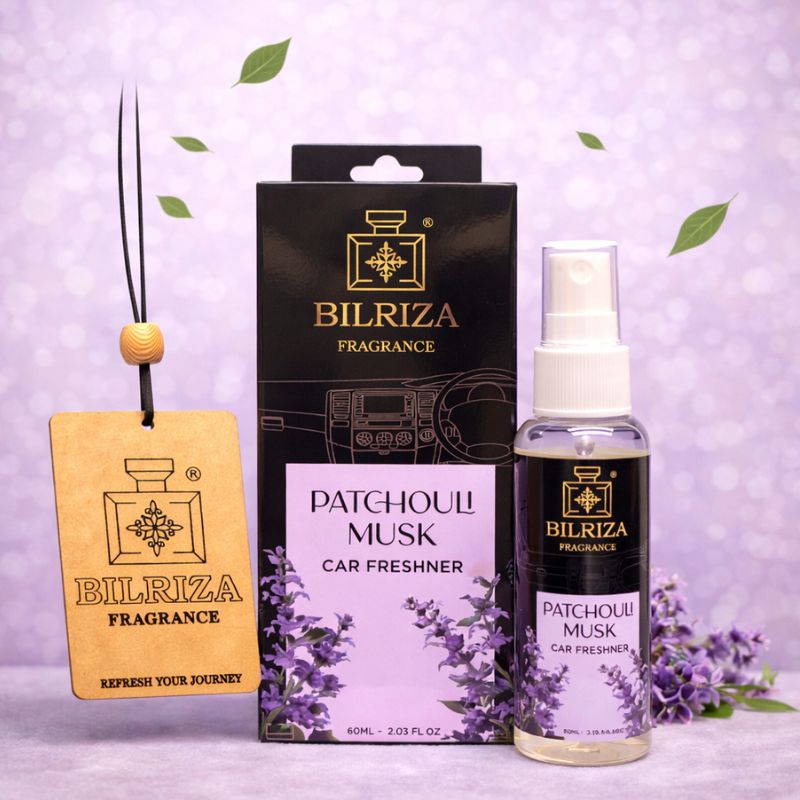 Bilriza Fragrance Patchouli Musk Car Freshener Perfume with Wooden Hanging Card | Long Lasting Car Perfume 60ml