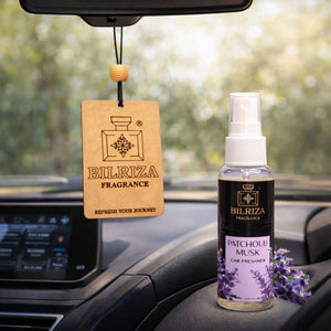 Bilriza Fragrance Patchouli Musk Car Freshener Perfume with Wooden Hanging Card | Long Lasting Car Perfume 60ml