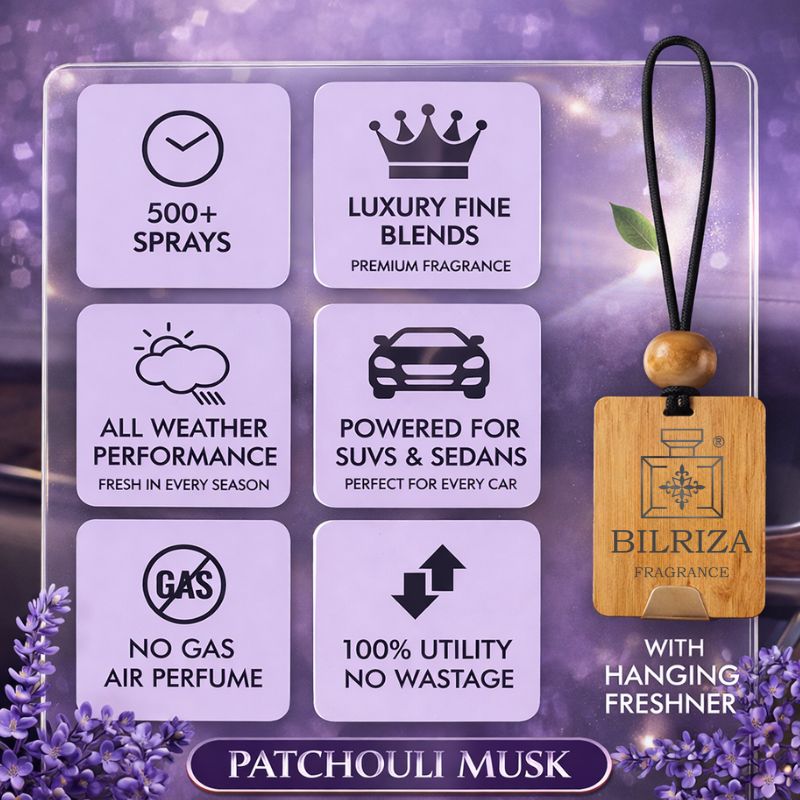 Bilriza Fragrance Patchouli Musk Car Freshener Perfume with Wooden Hanging Card | Long Lasting Car Perfume 60ml