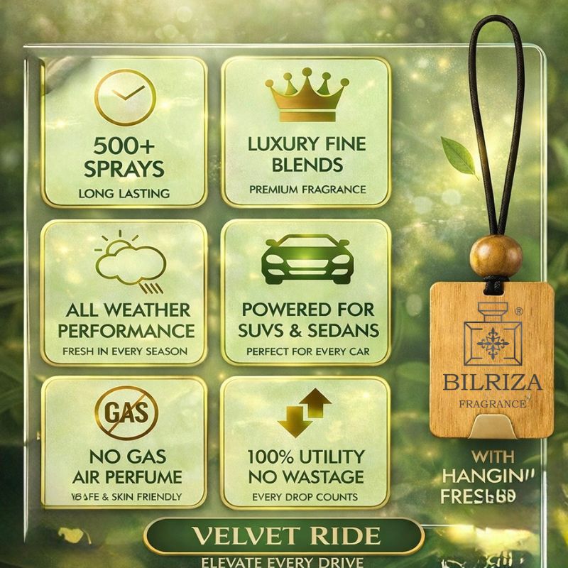 Bilriza Fragrance Velvet Ride Car Freshener Perfume with Wooden Hanging Card | Long Lasting Car Perfume 60ml