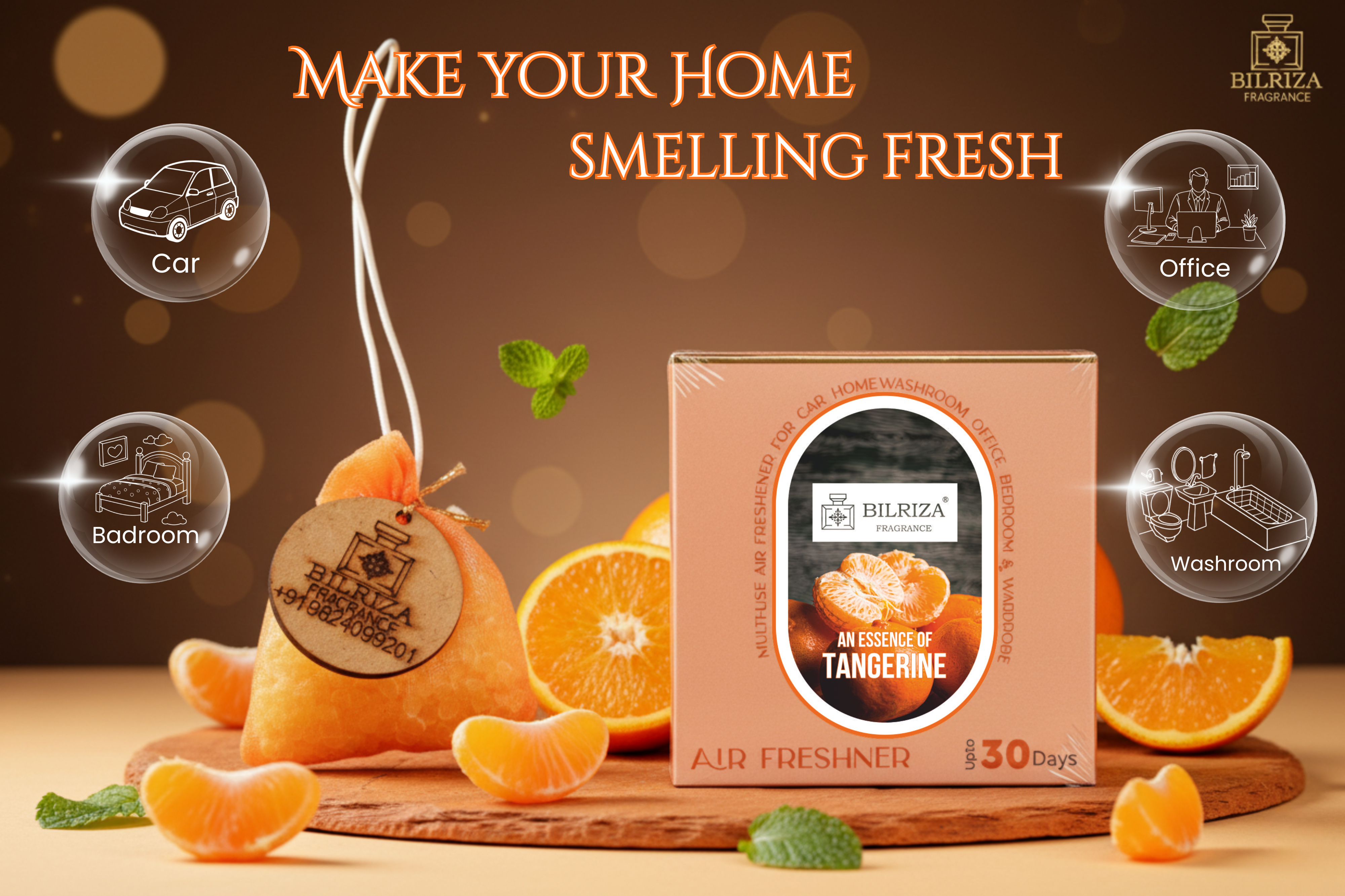 Bilriza Fragrance Tangerine Hanging Bag Air Freshener – Energizing Citrus Aroma for Cars & Rooms