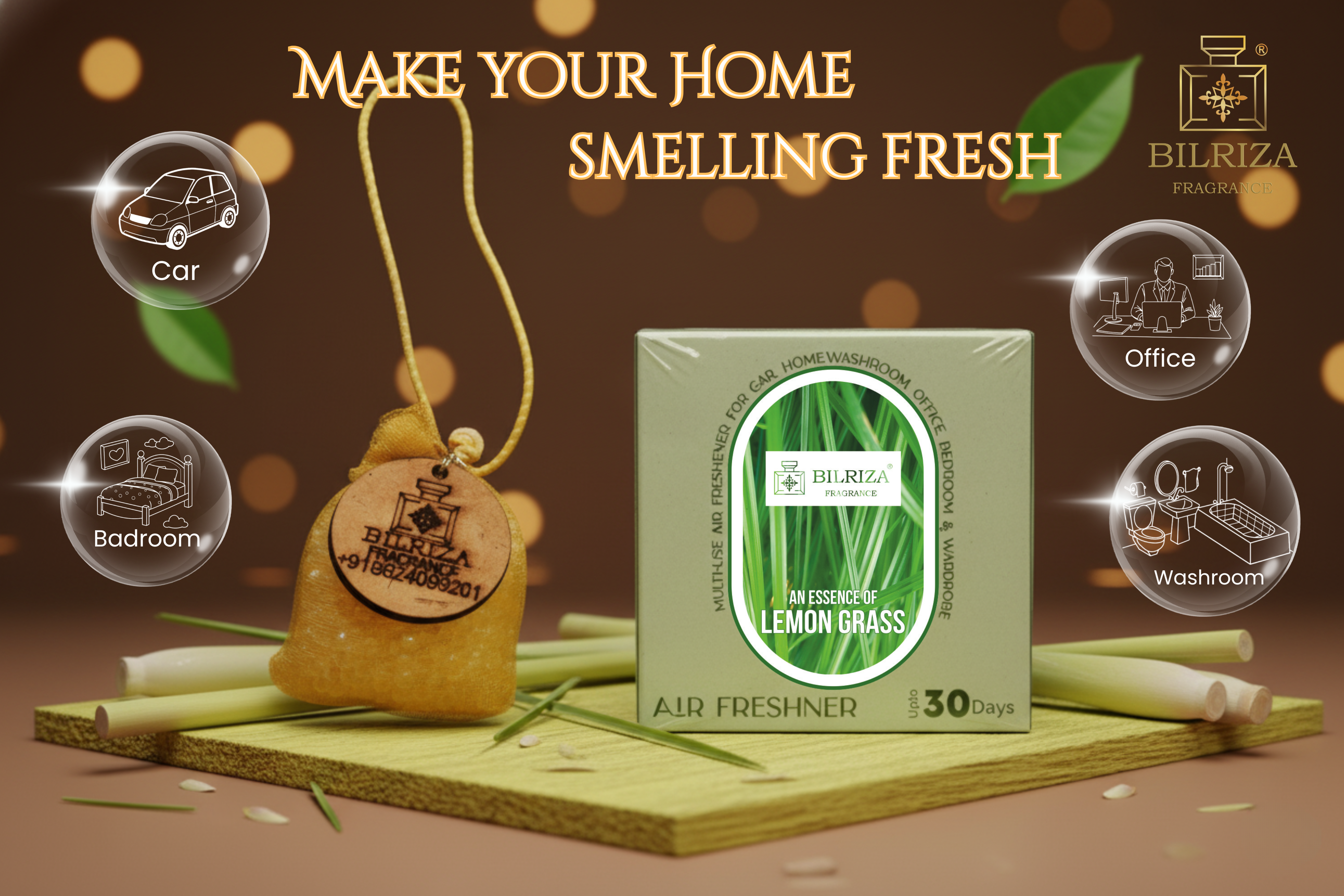 Bilriza Fragrance Lemon grass Scented Bag – Natural Hanging Air Freshener for Home & Office