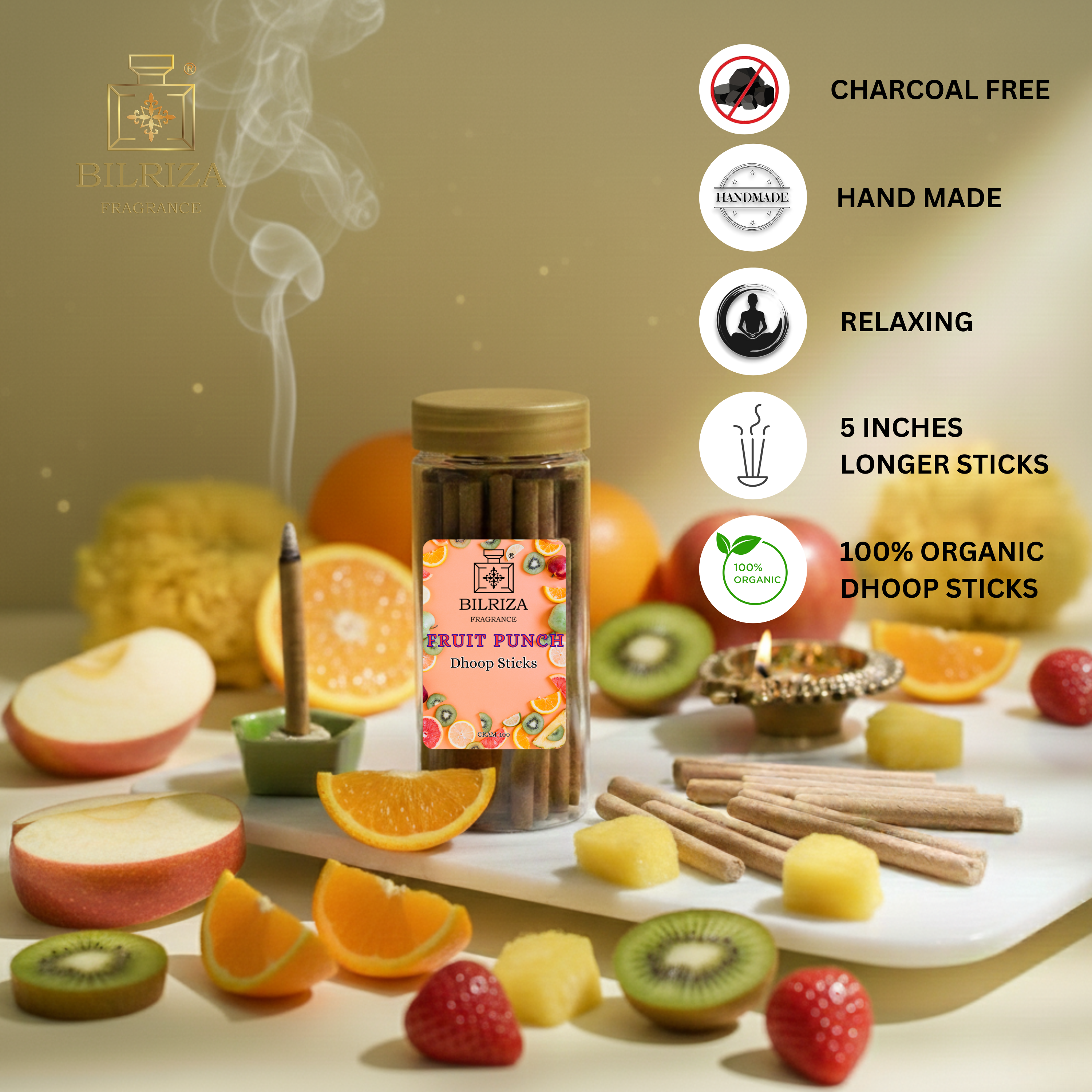 Bilriza Fragrance Fruit Punch Bambooless Incense  – Long Lasting Natural Aroma, No Charcoal, No Bamboo