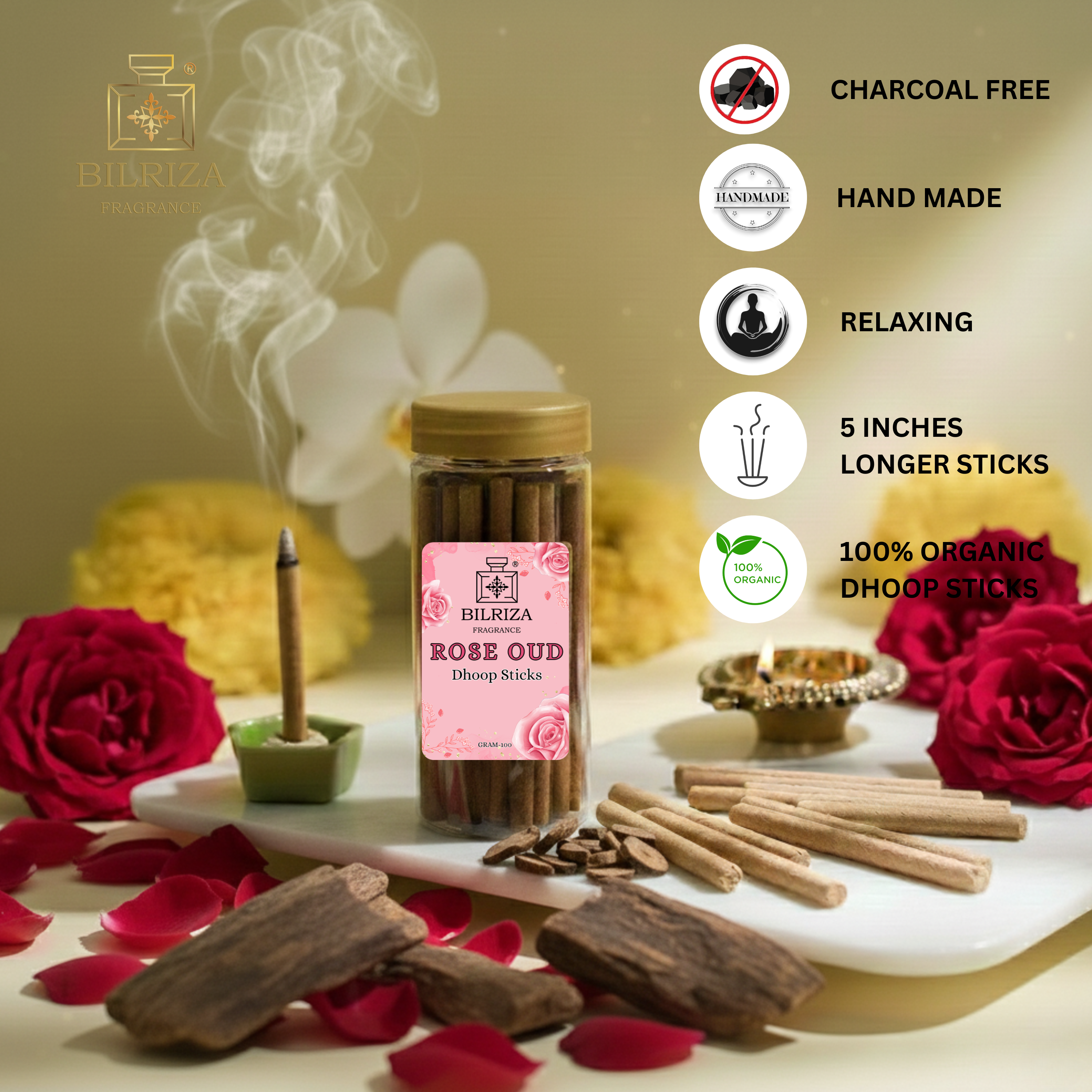 Bilriza Fragrance Rose Oud Bambooless Incense – Long Lasting Aroma, No Charcoal, No Bamboo