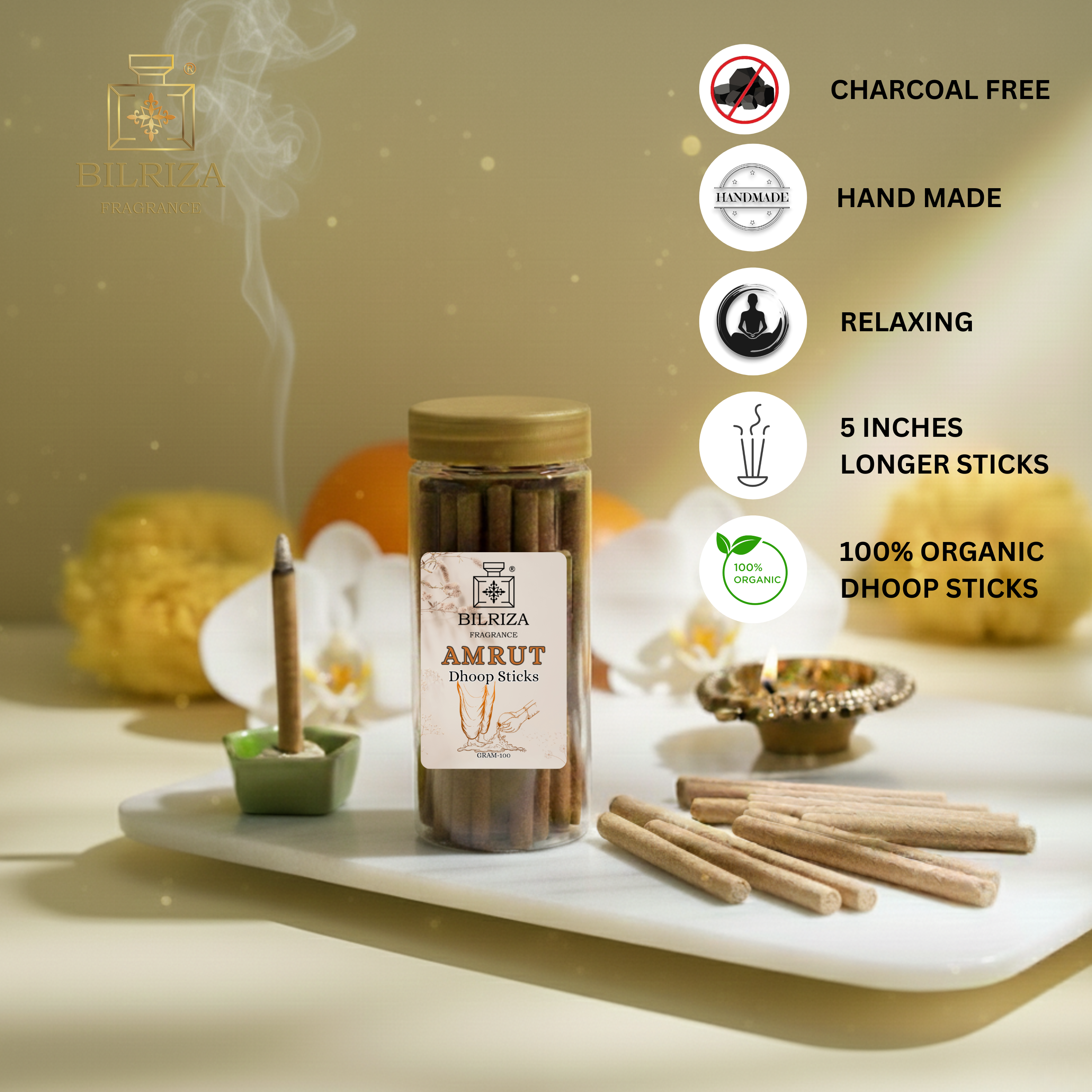 Bilriza Fragrance Amrut Bambooless Incense – Long Lasting Aroma, No Charcoal, No Bamboo