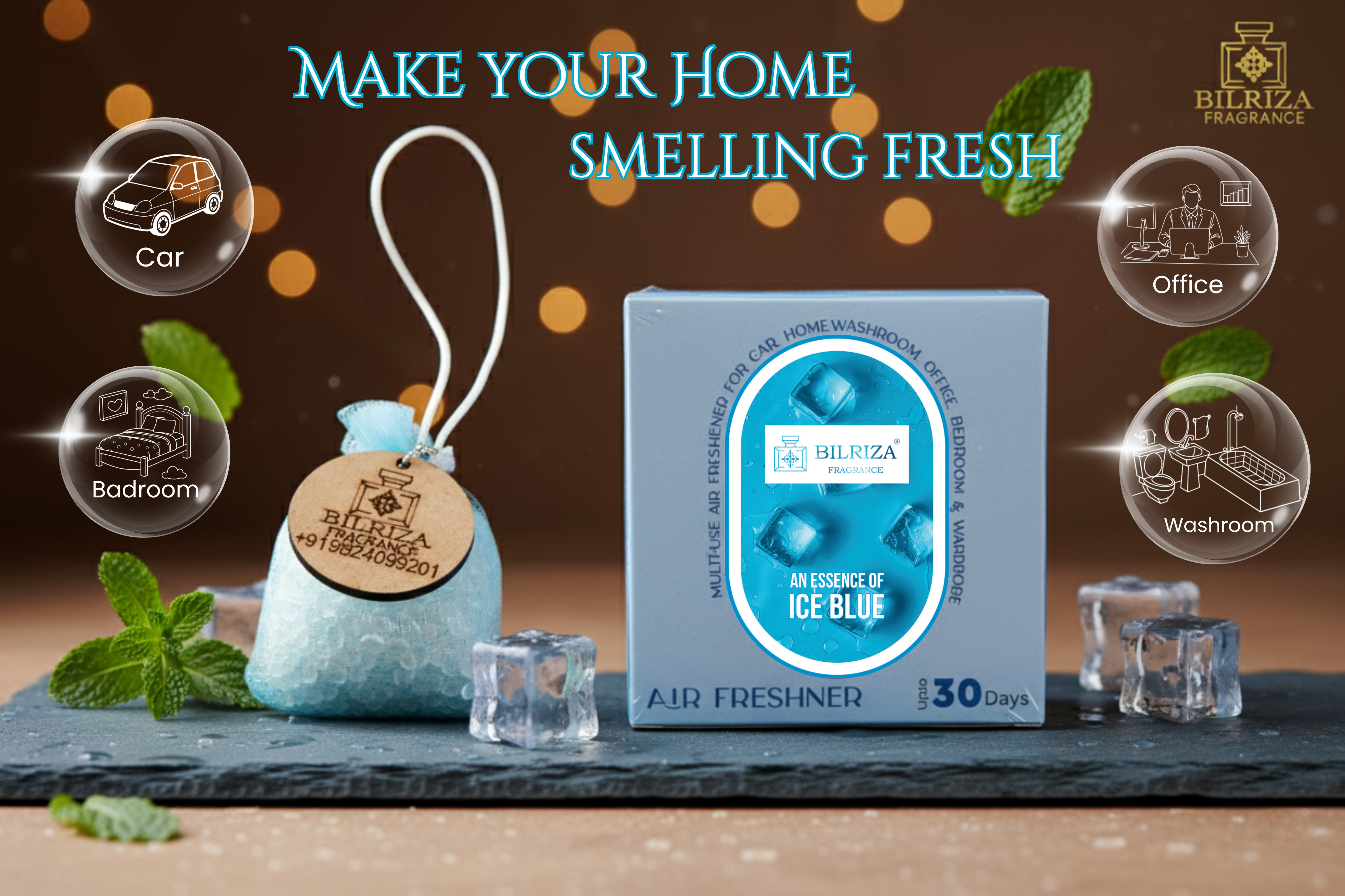 Bilriza Fragrance Ice Blue Hanging Bag Air Freshener – Crisp & Clean Aroma for Any Space