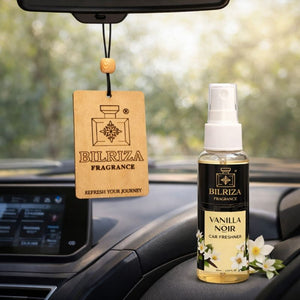 Bilriza Fragrance Vanilla Noir Car Freshener Perfume with Wooden Hanging Card | Long Lasting Car Perfume 60ml