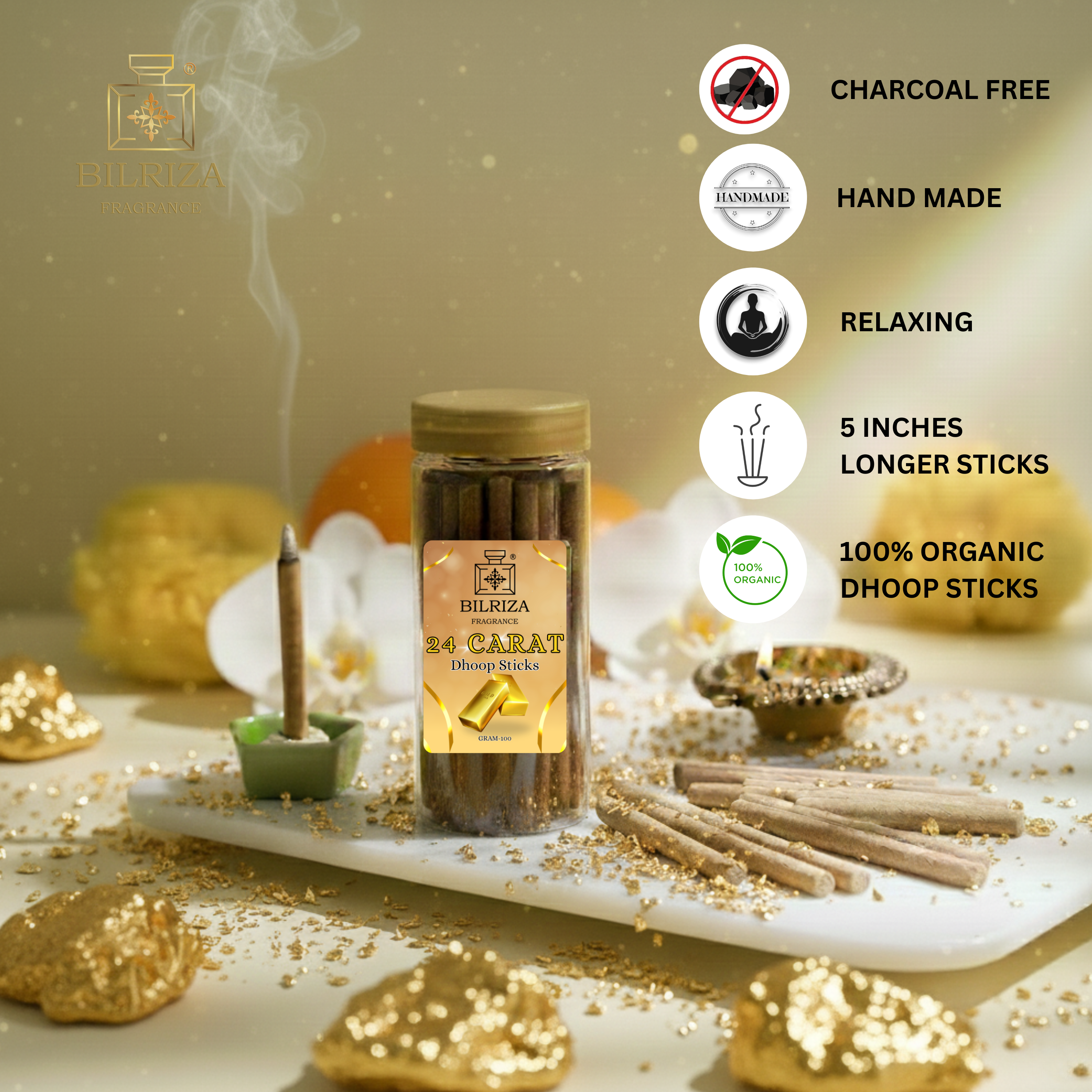 Bilriza Fragrance 24 Carat Bambooless Incense – Long Lasting Aroma, No Charcoal, No Bamboo