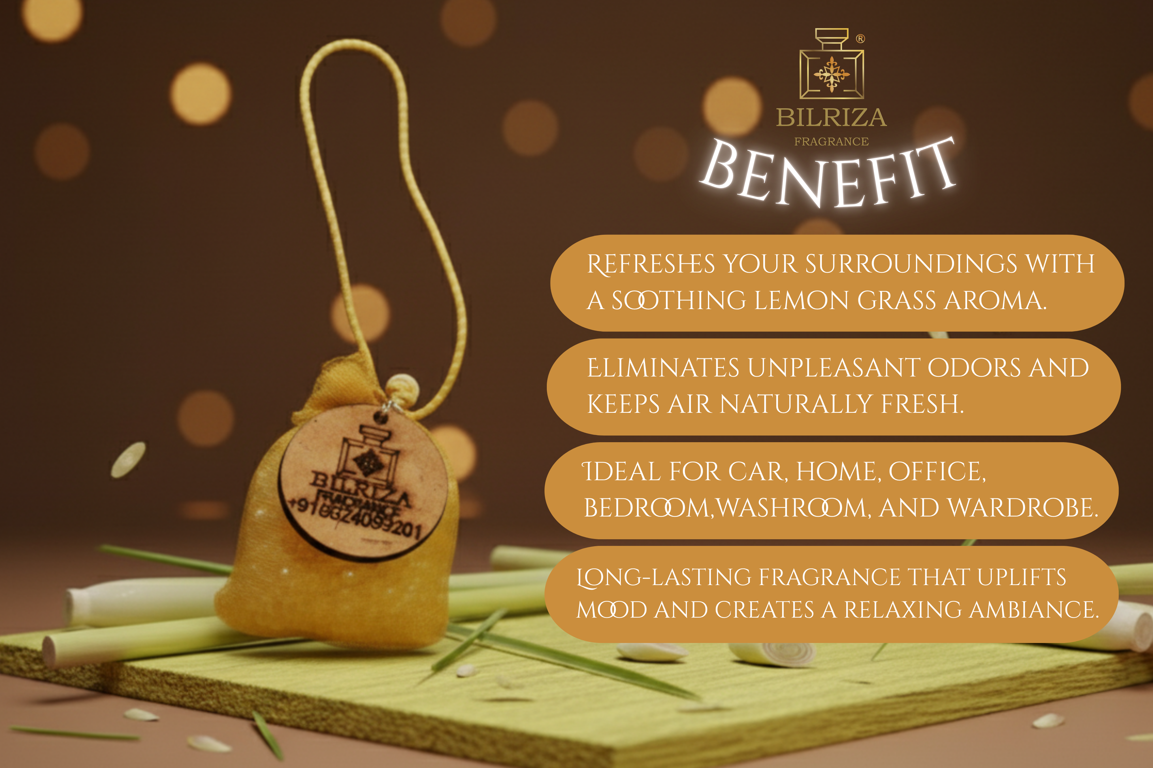 Bilriza Fragrance Lemon grass Scented Bag – Natural Hanging Air Freshener for Home & Office