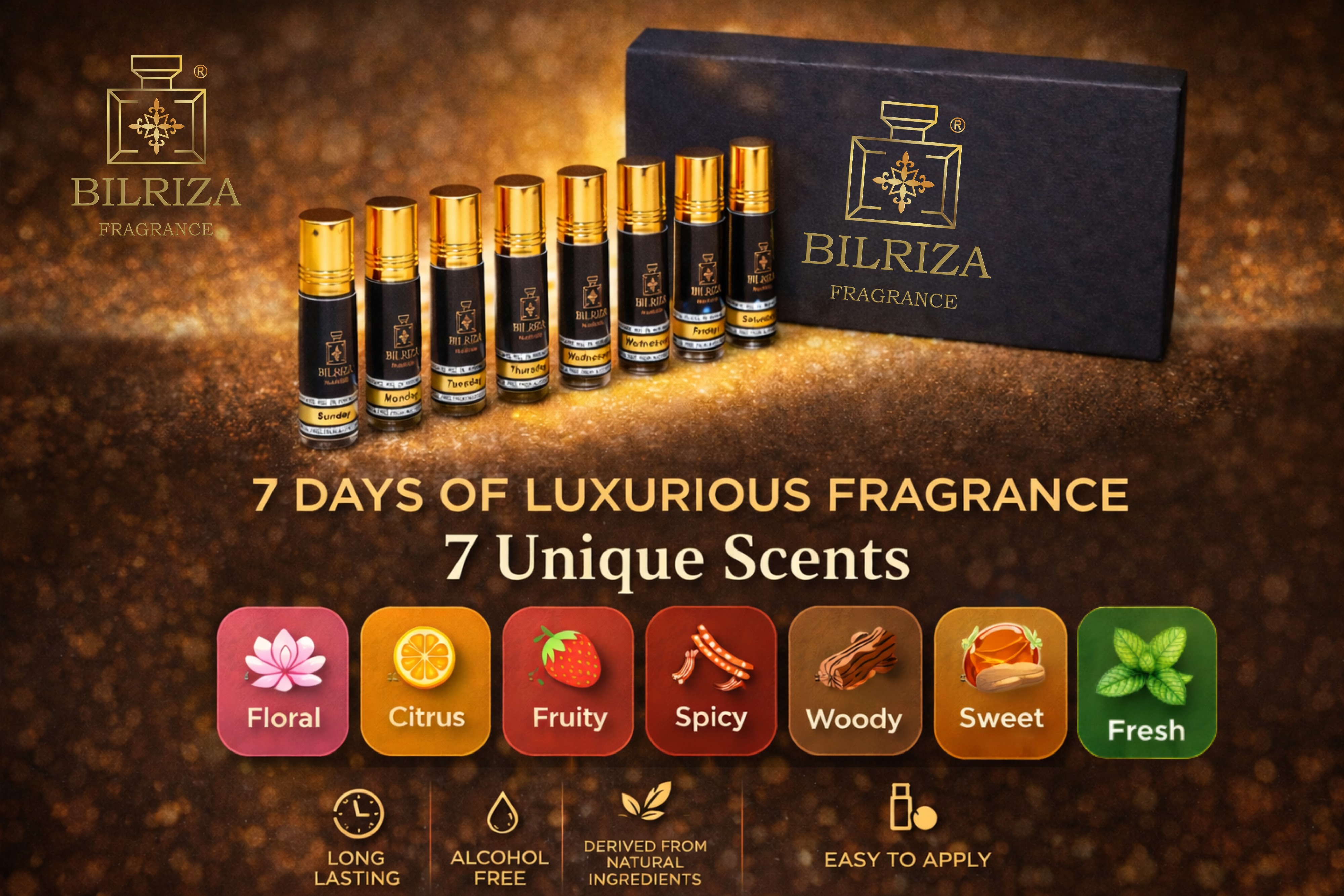 Bilriza Fragrance 7 Day 7 Attar Roll-On Gift Set – Unisex, Alcohol-Free, 42ml