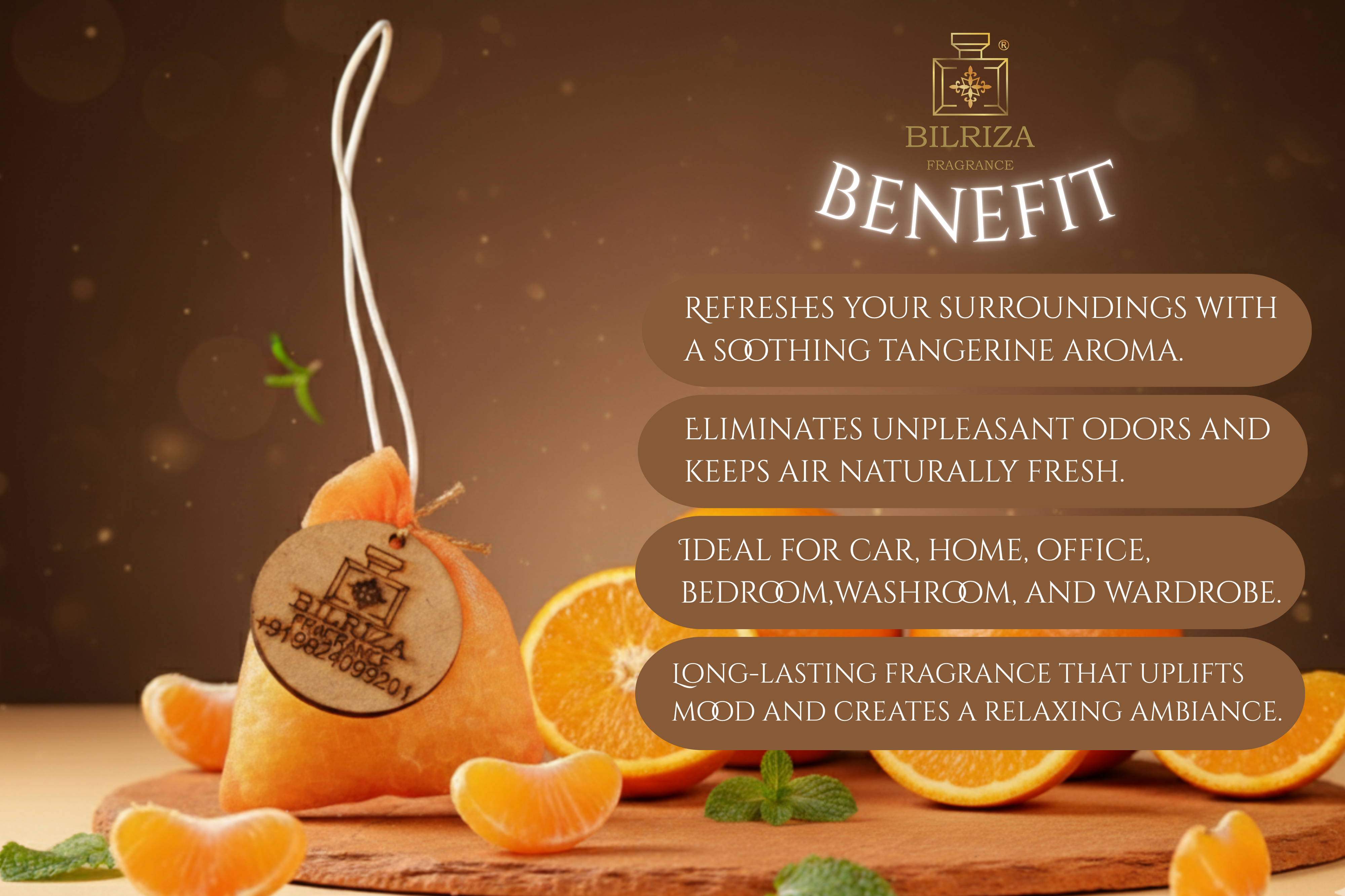 Bilriza Fragrance Tangerine Hanging Bag Air Freshener – Energizing Citrus Aroma for Cars & Rooms