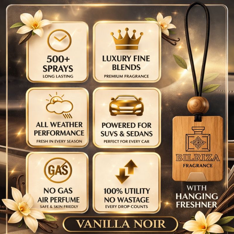 Bilriza Fragrance Vanilla Noir Car Freshener Perfume with Wooden Hanging Card | Long Lasting Car Perfume 60ml