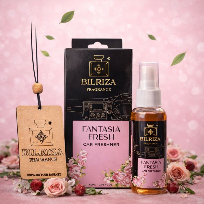 Bilriza Fragrance Fantasia Fresh Car Freshener Perfume with Wooden Hanging Card | Long Lasting Car Perfume 60ml