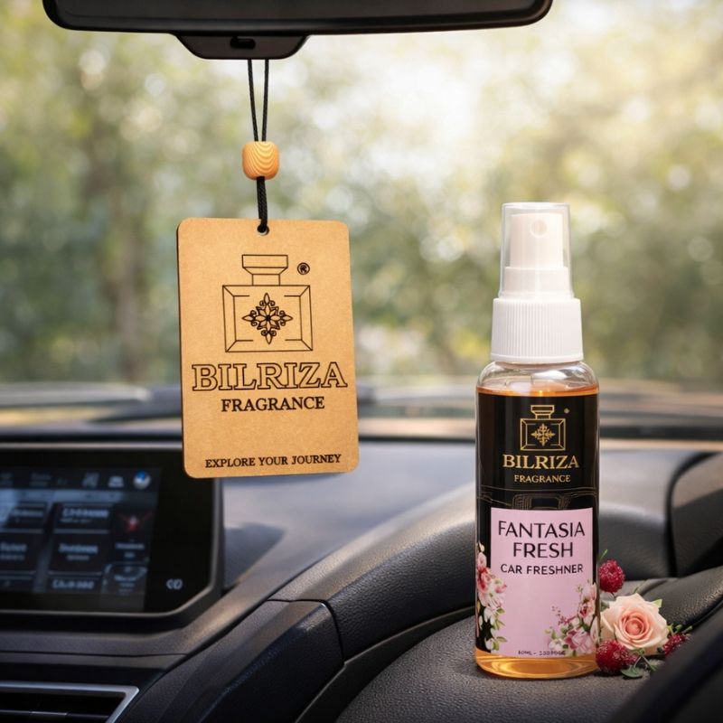 Bilriza Fragrance Fantasia Fresh Car Freshener Perfume with Wooden Hanging Card | Long Lasting Car Perfume 60ml
