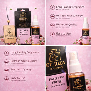 Bilriza Fragrance Fantasia Fresh Car Freshener Perfume with Wooden Hanging Card | Long Lasting Car Perfume 60ml