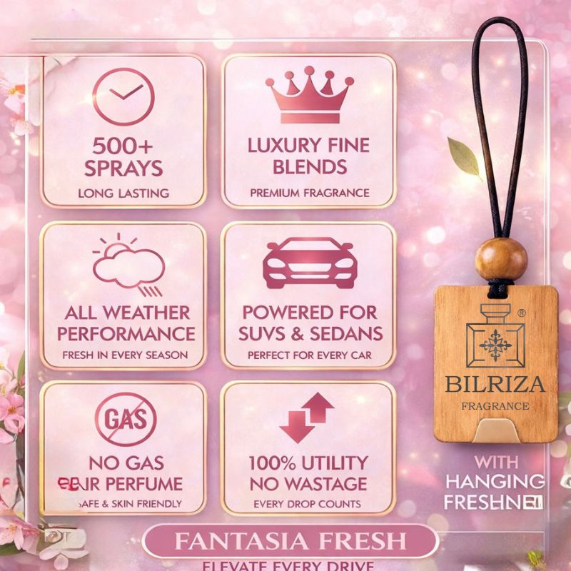 Bilriza Fragrance Fantasia Fresh Car Freshener Perfume with Wooden Hanging Card | Long Lasting Car Perfume 60ml