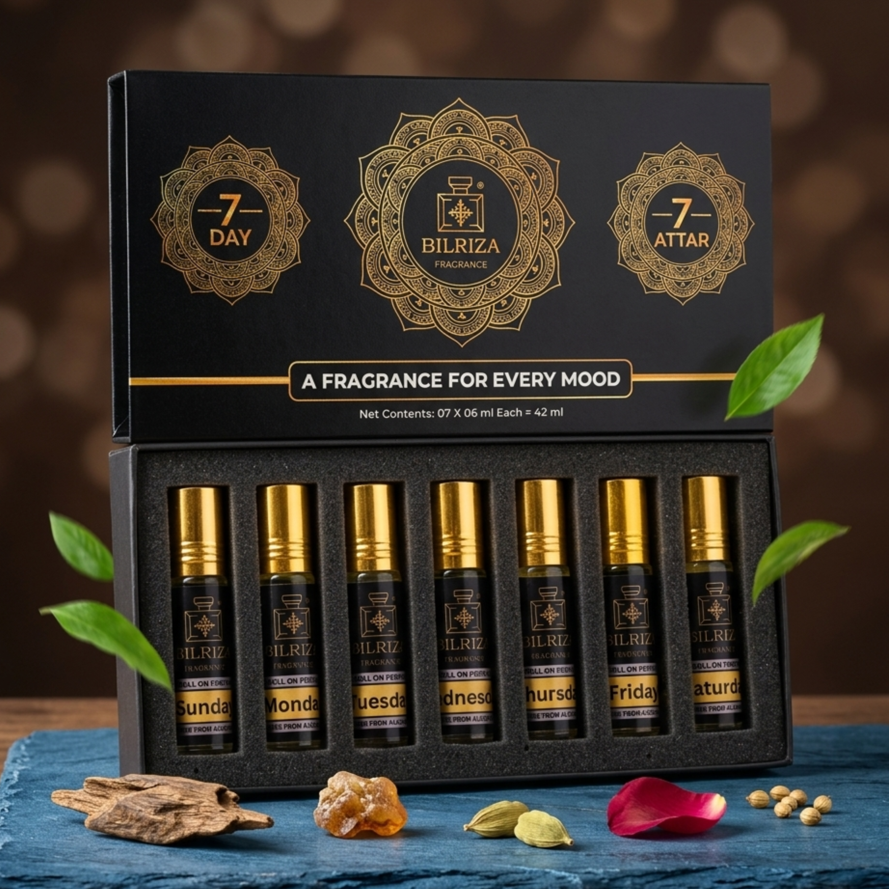 Bilriza Fragrance 7 Day 7 Attar Roll-On Gift Set – Unisex, Alcohol-Free, 42ml